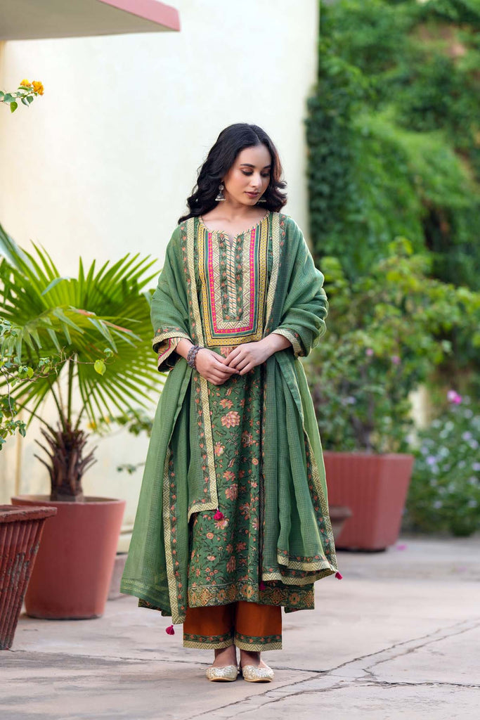 Mehndi Green A-Line Fit Kurta In Hand Block Cotton