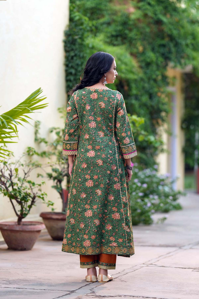Mehndi Green A-Line Fit Kurta In Hand Block Cotton