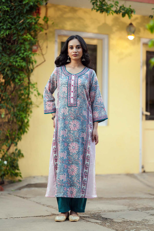 Aqua Blue A-Line Fit Kurta In Hand Block Cotton
