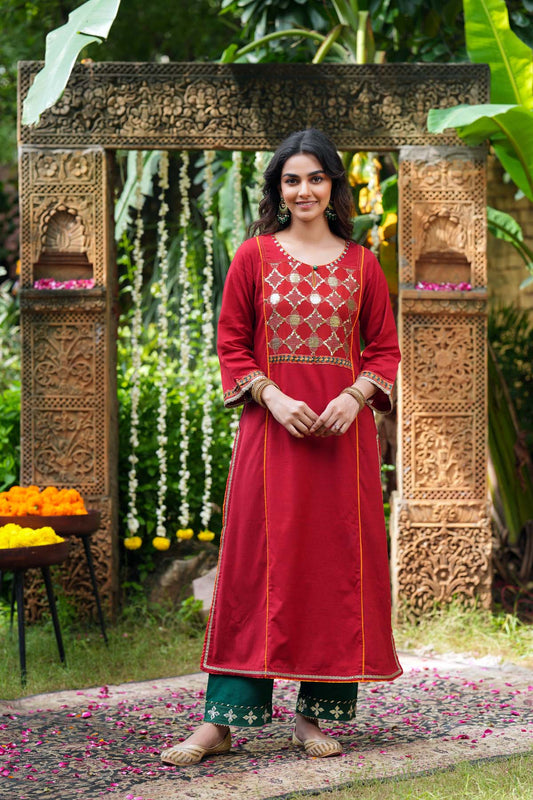 Deep Red A-Line Kurta In Handloom Cotton