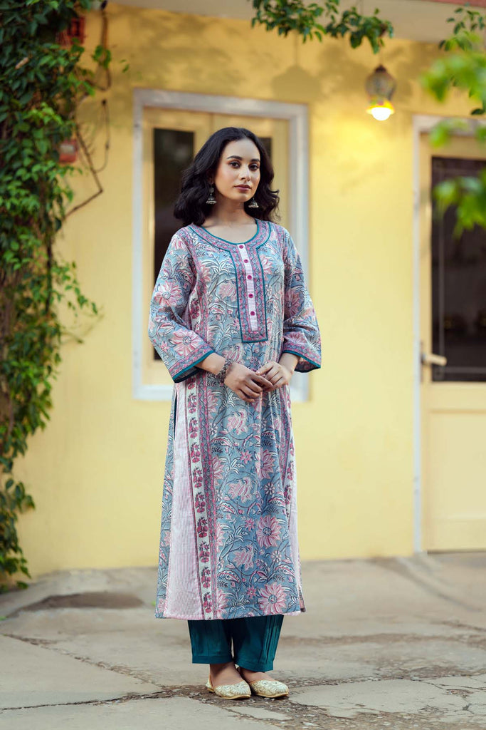 Aqua Blue A-Line Fit Kurta In Hand Block Cotton