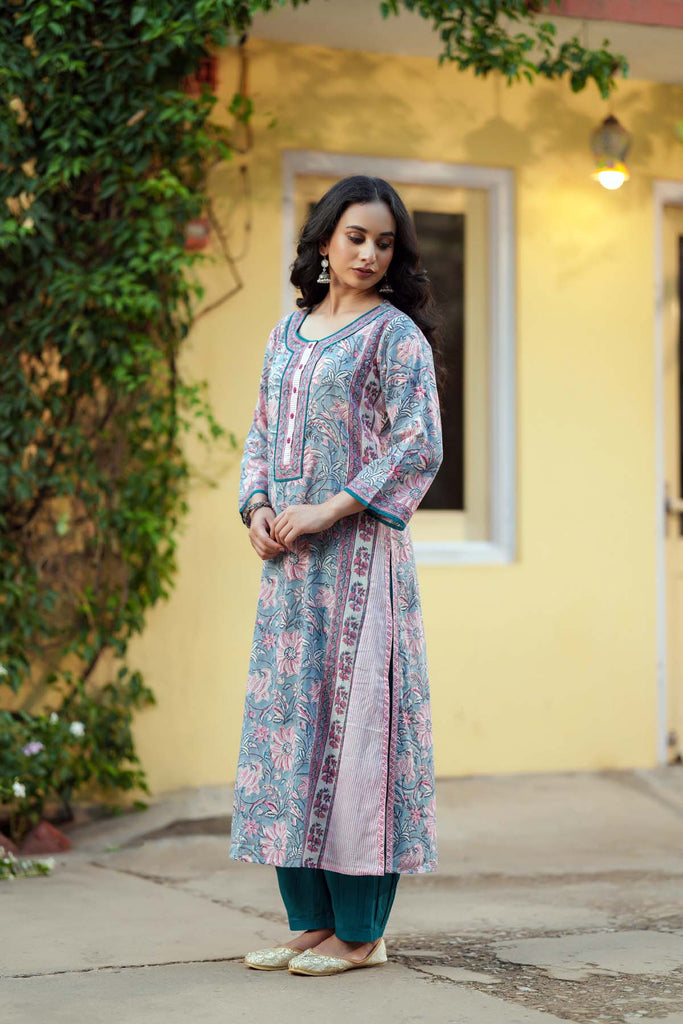 Aqua Blue A-Line Fit Kurta In Hand Block Cotton