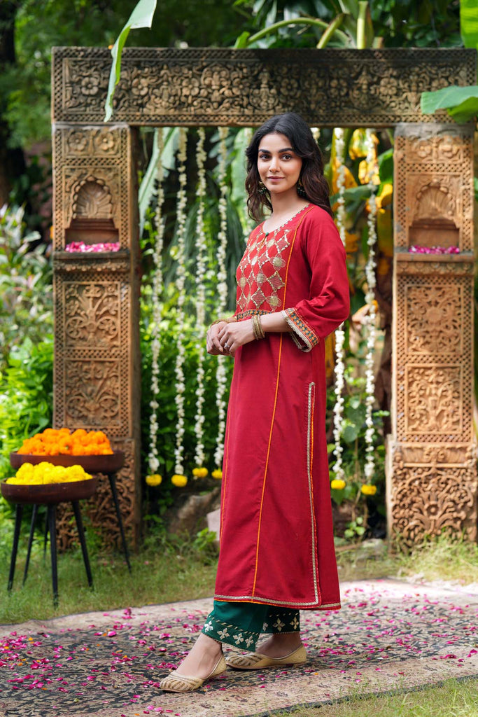 Deep Red A-Line Kurta In Handloom Cotton