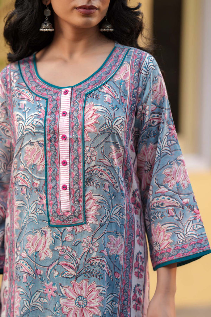 Aqua Blue A-Line Fit Kurta In Hand Block Cotton