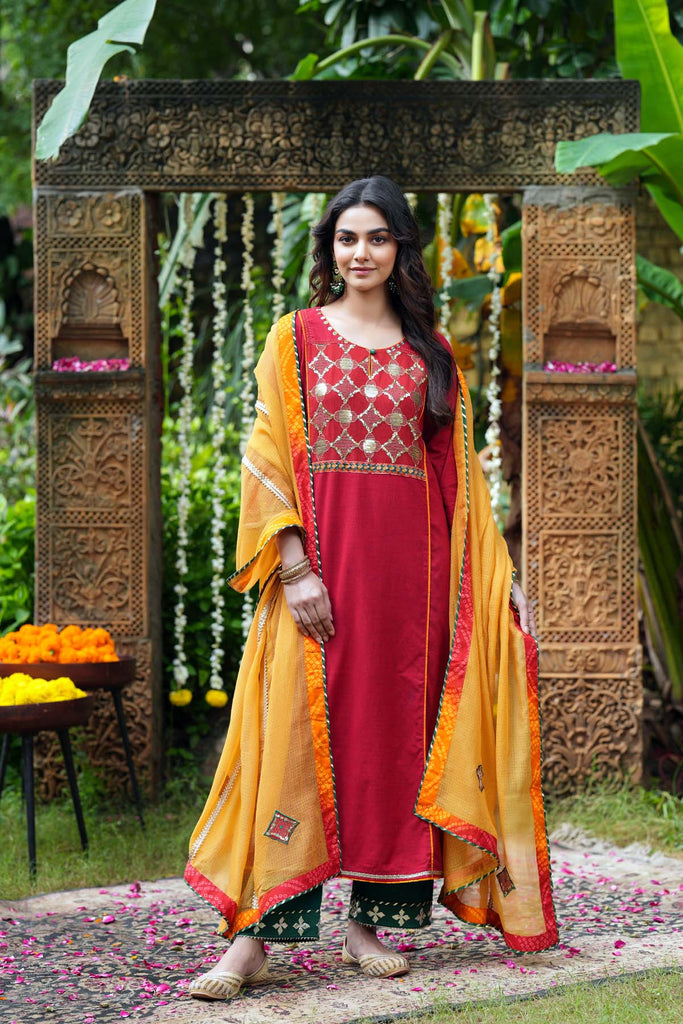 Deep Red A-Line Kurta In Handloom Cotton