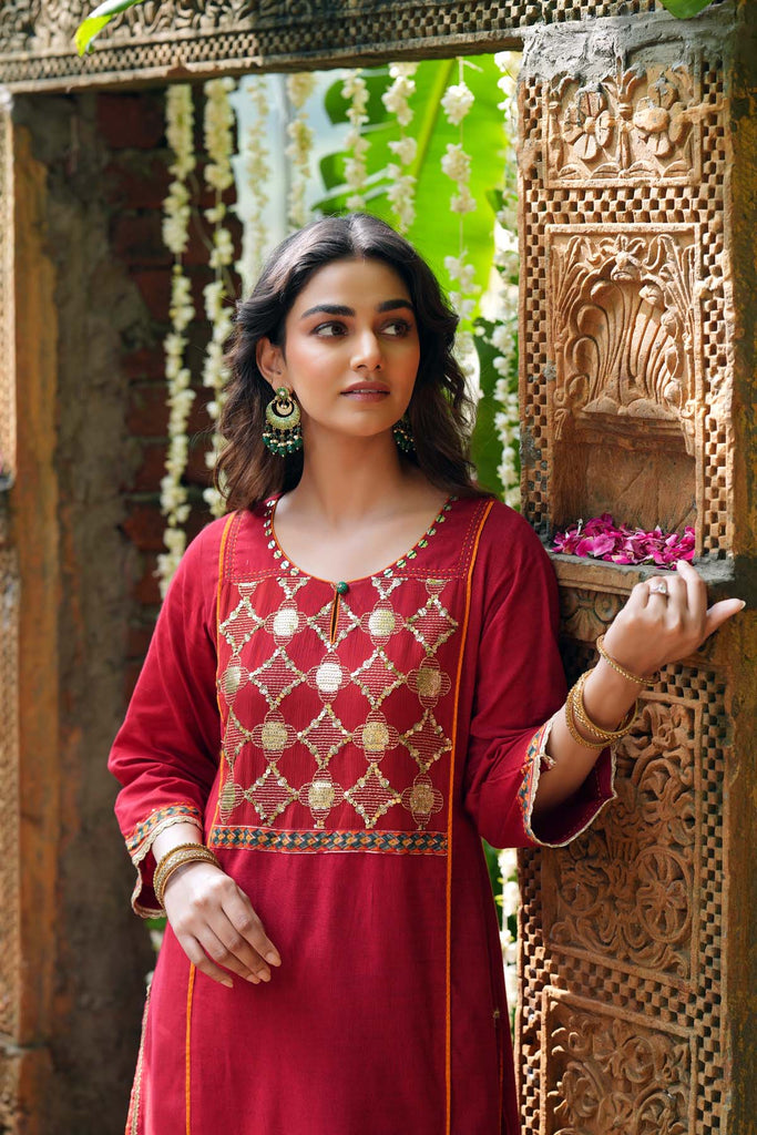 Deep Red A-Line Kurta In Handloom Cotton