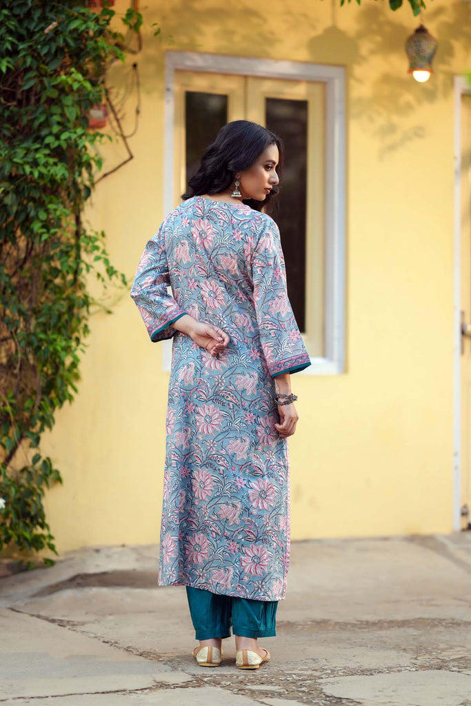 Aqua Blue A-Line Fit Kurta In Hand Block Cotton