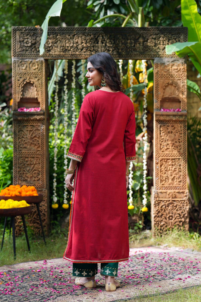 Deep Red A-Line Kurta In Handloom Cotton