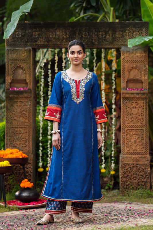 Navy Blue A-Line Kurta In Handloom Cotton