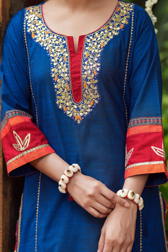 Navy Blue A-Line Kurta In Handloom Cotton