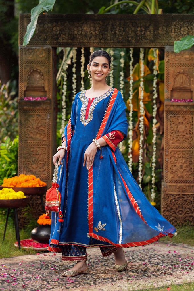 Navy Blue A-Line Kurta In Handloom Cotton