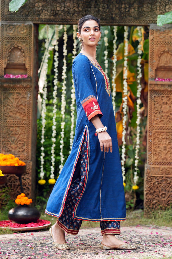 Navy Blue A-Line Kurta In Handloom Cotton