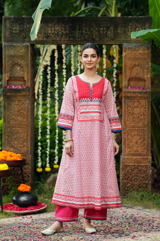 Light Pink A-Line Long Length Cotton Kurta