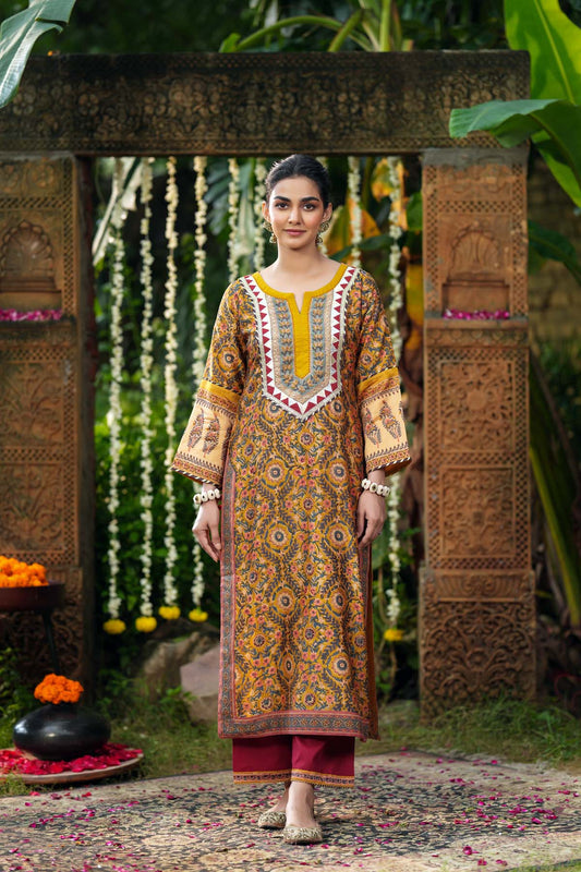 Straight Fit Mustard Yellow Chanderi Hand Block Printed Kurta