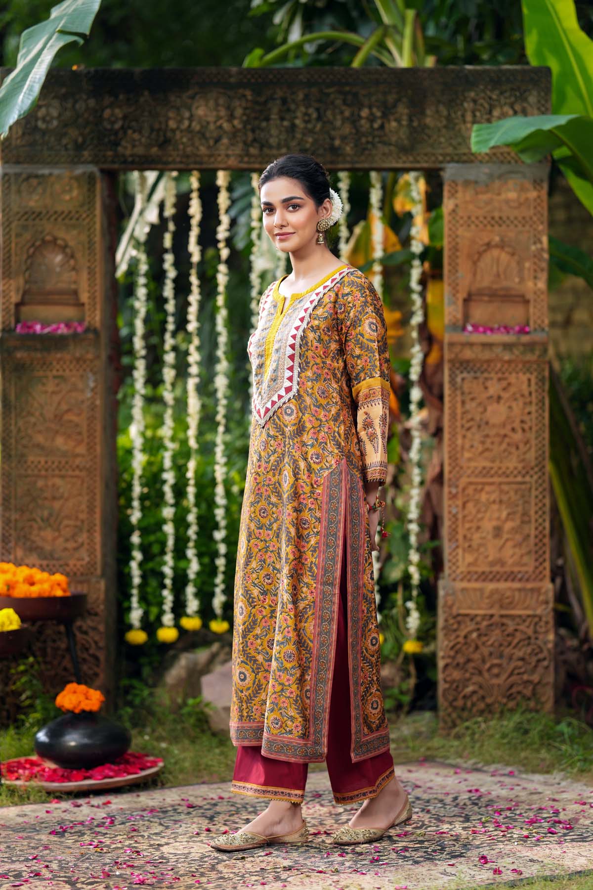Straight Fit Mustard Yellow Chanderi Hand Block Printed Kurta