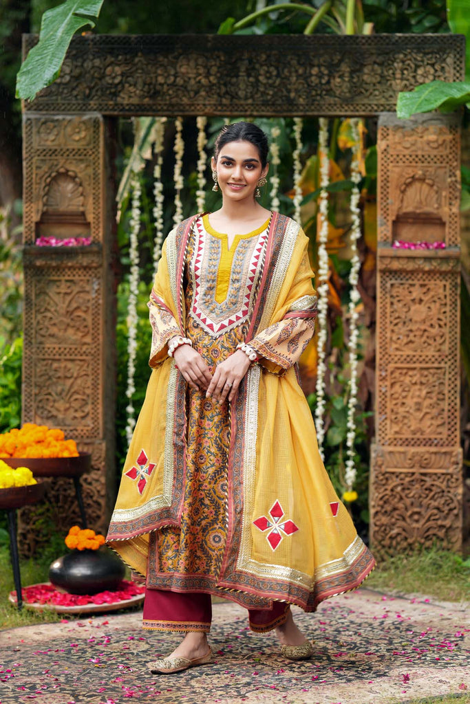 Straight Fit Mustard Yellow Chanderi Hand Block Printed Kurta