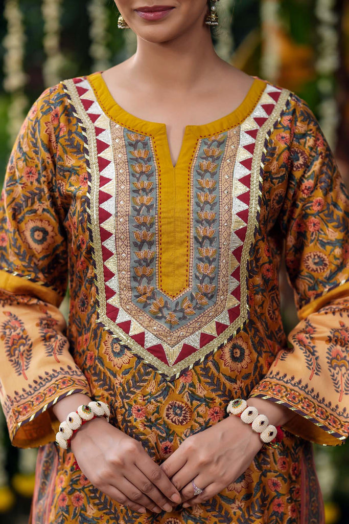 Straight Fit Mustard Yellow Chanderi Hand Block Printed Kurta