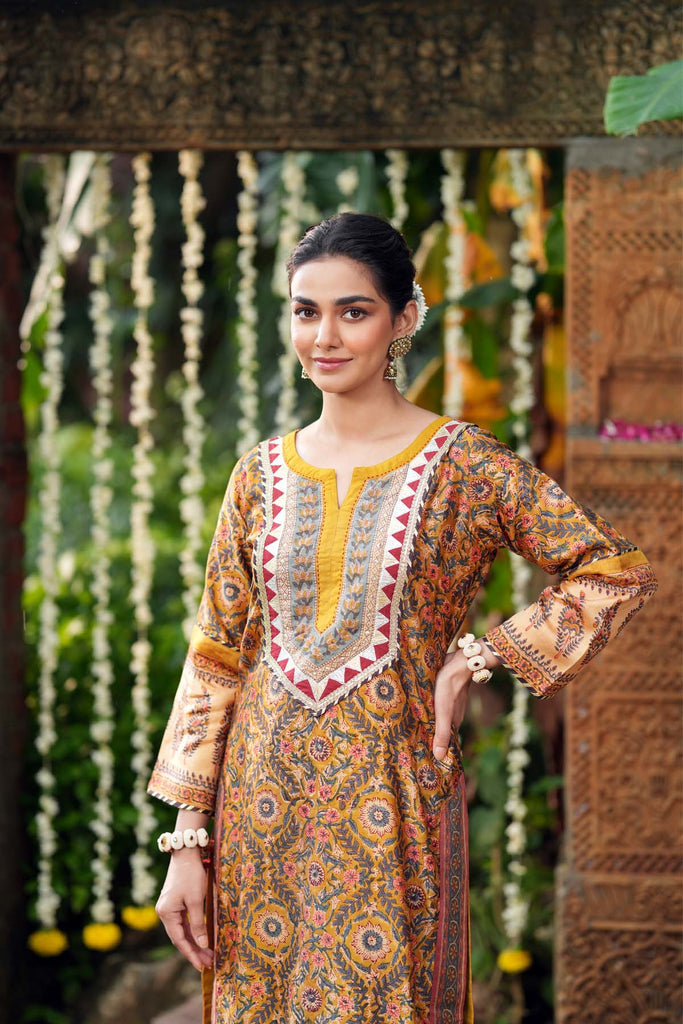 Straight Fit Mustard Yellow Chanderi Hand Block Printed Kurta