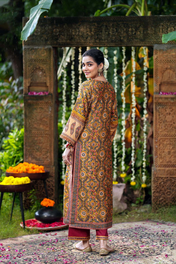 Straight Fit Mustard Yellow Chanderi Hand Block Printed Kurta
