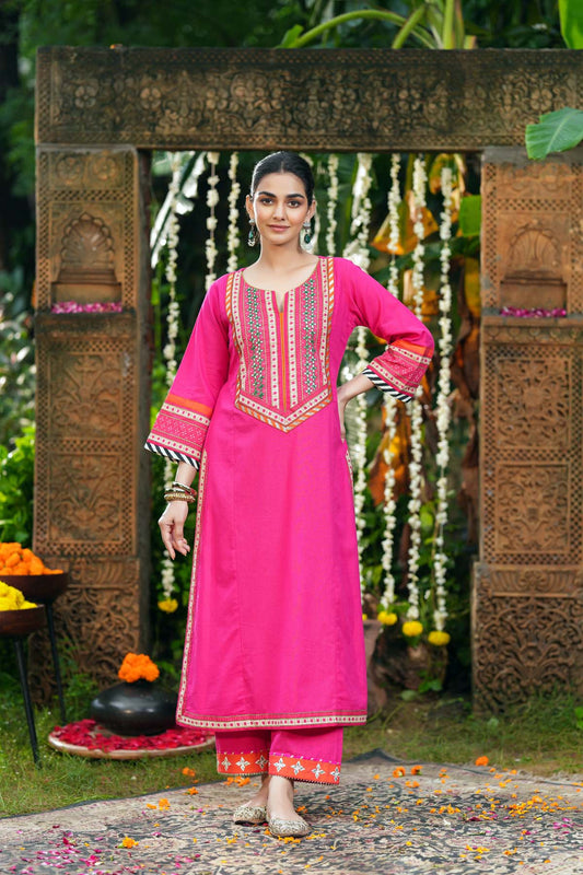 Long Length A-Line Cotton Kurta In Rani Pink Color