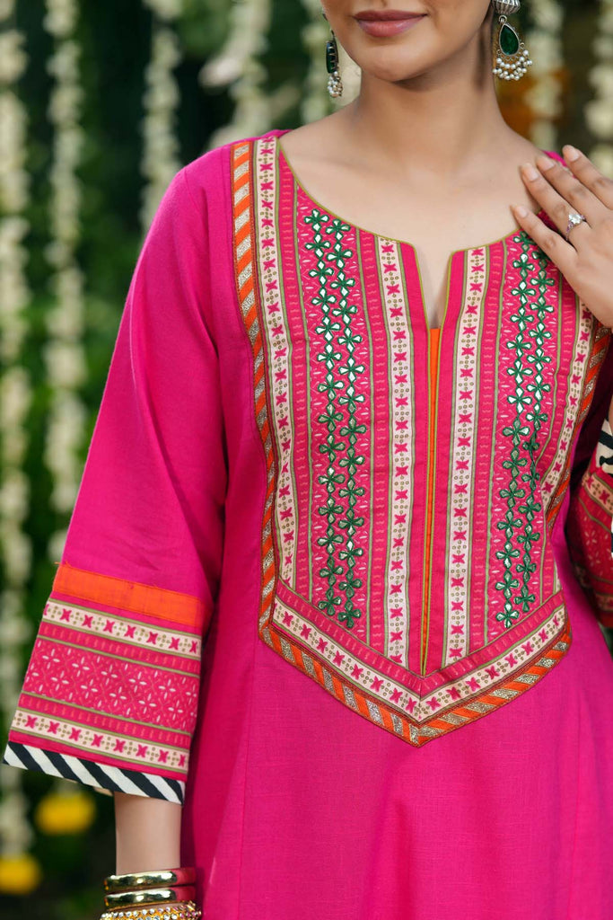 Long Length A-Line Cotton Kurta In Rani Pink Color