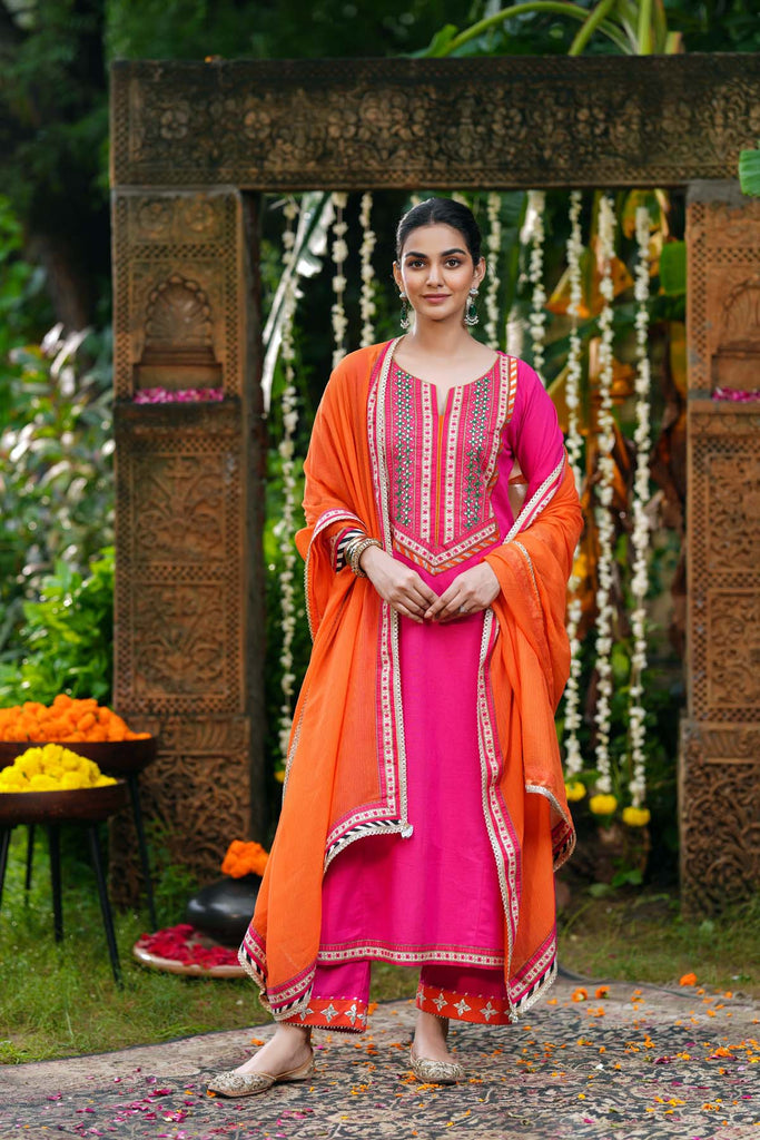 Long Length A-Line Cotton Kurta In Rani Pink Color