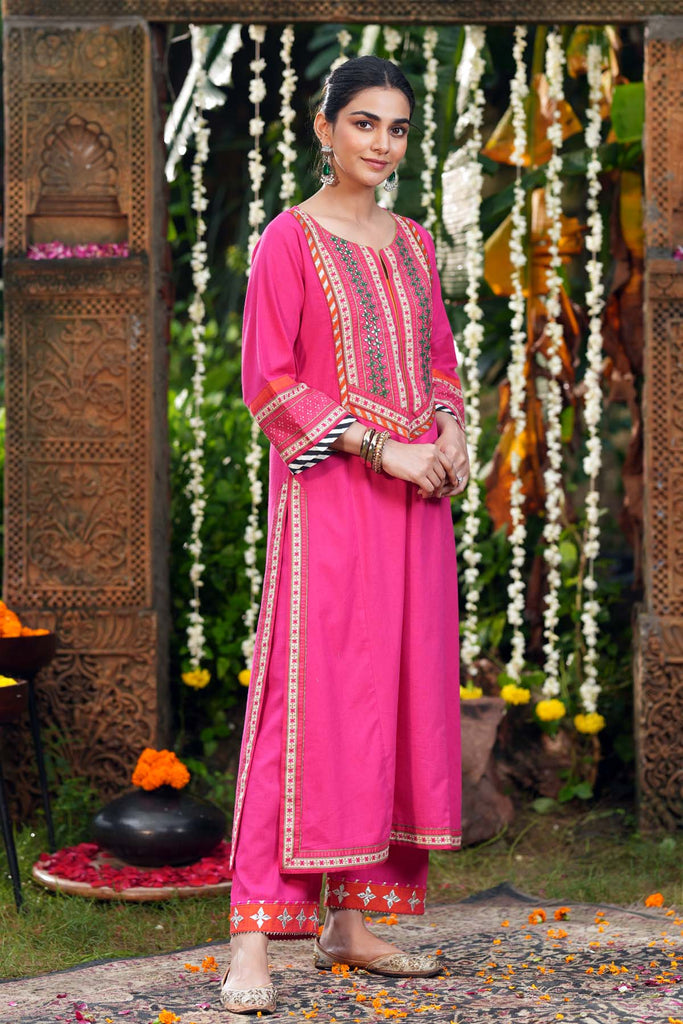 Long Length A-Line Cotton Kurta In Rani Pink Color