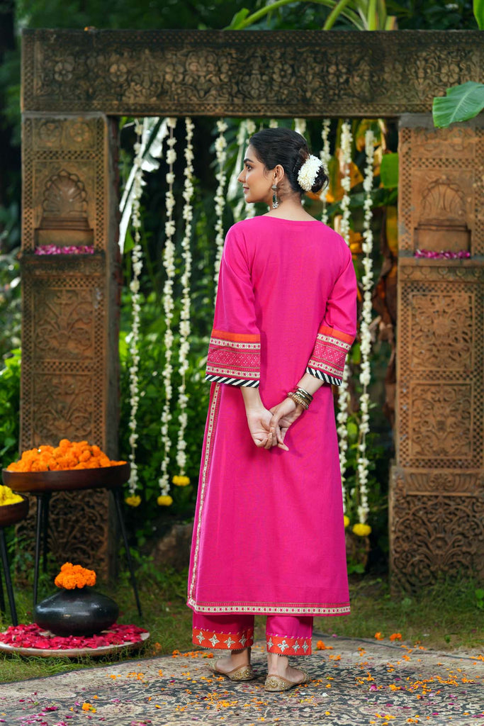 Long Length A-Line Cotton Kurta In Rani Pink Color