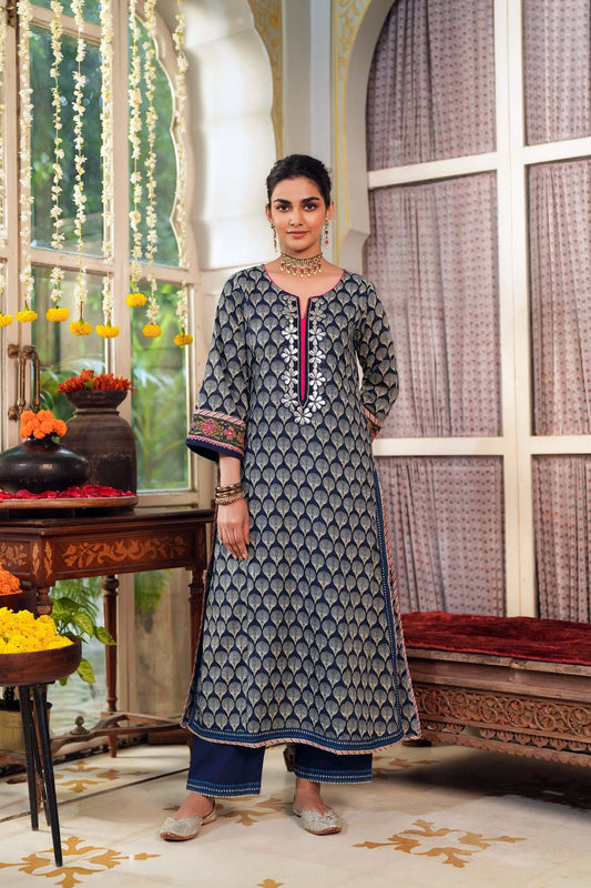Navy Blue Straight Fit Cotton Kurta with Gota-Patti Work
