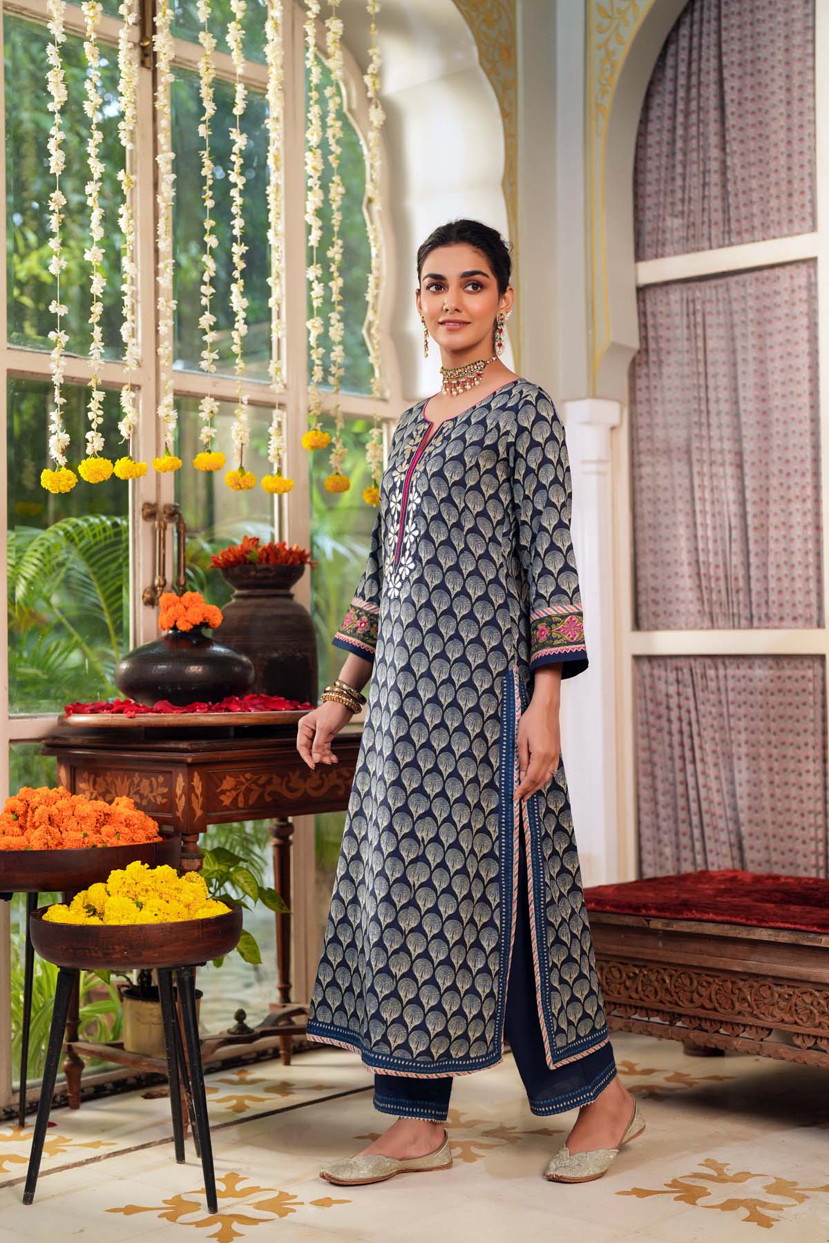Navy Blue Straight Fit Cotton Kurta with Gota-Patti Work