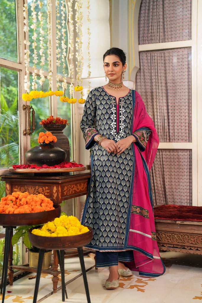 Navy Blue Straight Fit Cotton Kurta with Gota-Patti Work