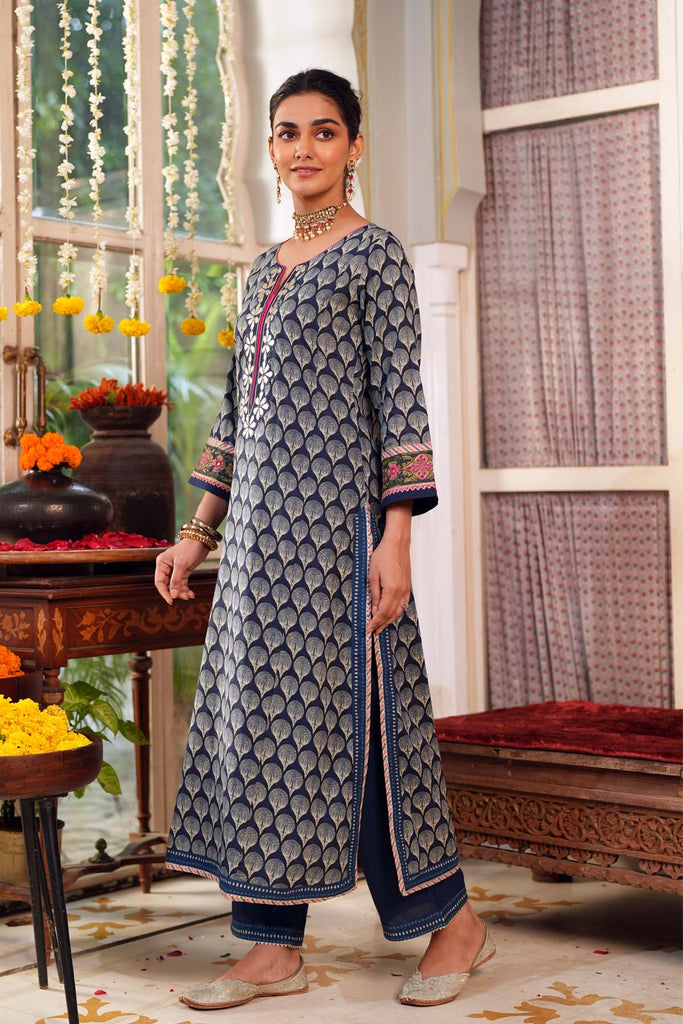 Navy Blue Straight Fit Cotton Kurta with Gota-Patti Work