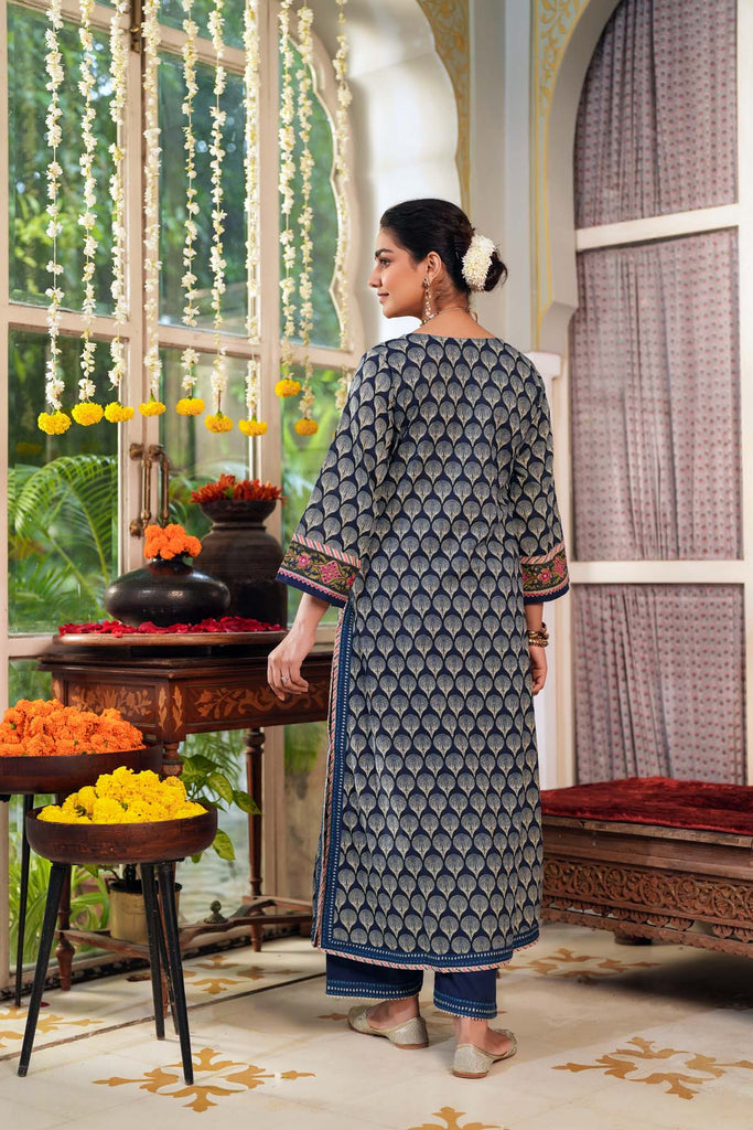 Navy Blue Straight Fit Cotton Kurta with Gota-Patti Work