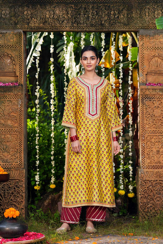 Straight Fit Yellow Hand Block Chanderi Kurta