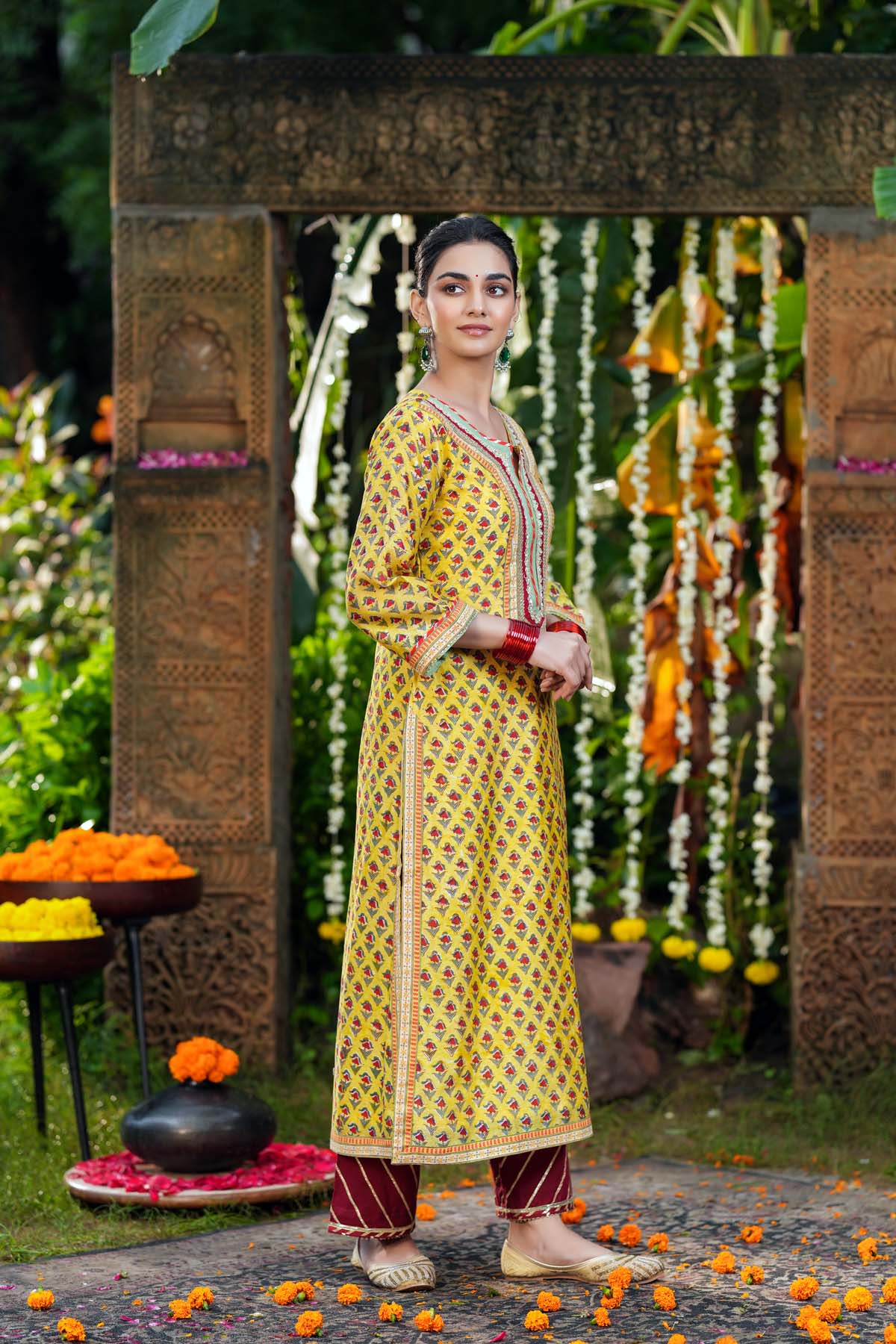 Straight Fit Yellow Hand Block Chanderi Kurta