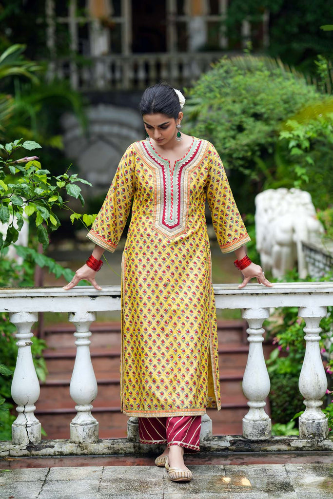 Straight Fit Yellow Hand Block Chanderi Kurta