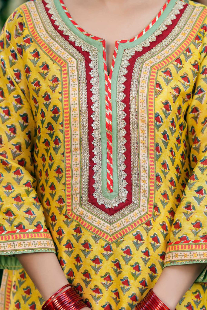 Straight Fit Yellow Hand Block Chanderi Kurta