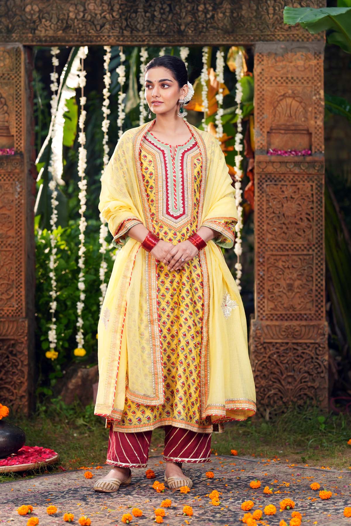 Straight Fit Yellow Hand Block Chanderi Kurta