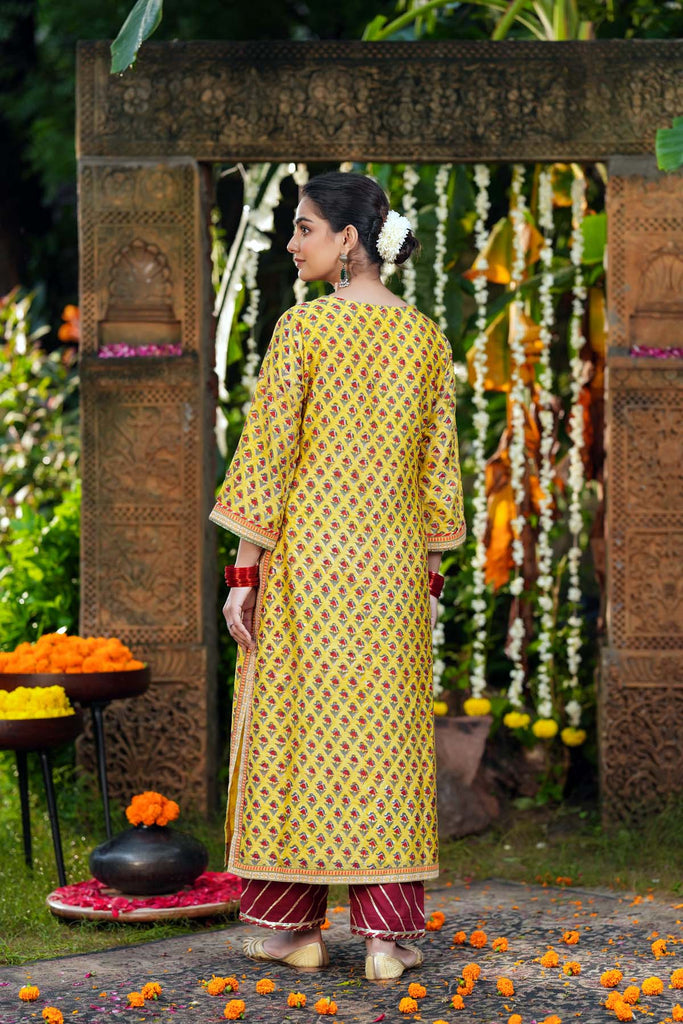 Straight Fit Yellow Hand Block Chanderi Kurta