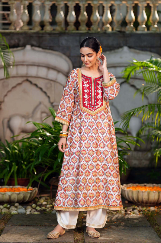A-Line Off White Hand Block Chanderi Kurta