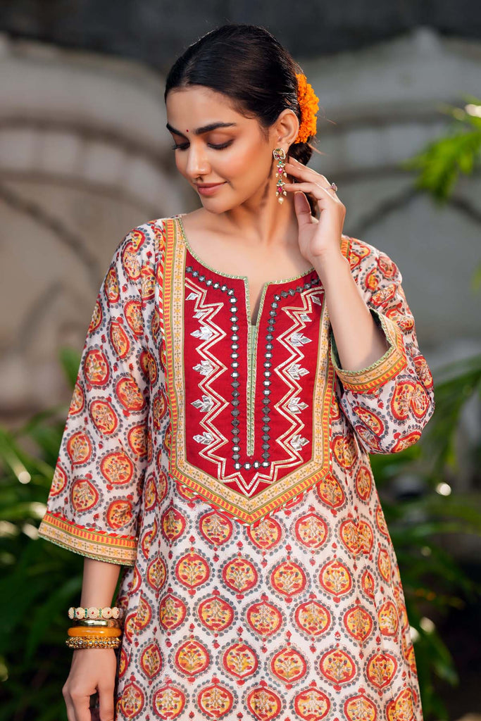A-Line Off White Hand Block Chanderi Kurta