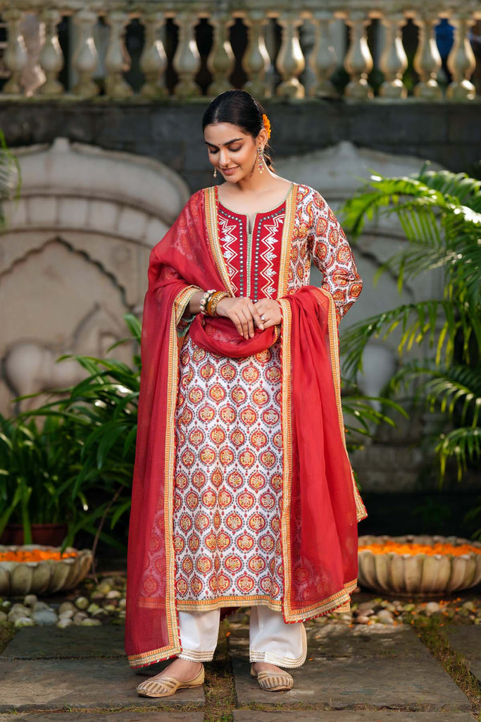 A-Line Off White Hand Block Chanderi Kurta