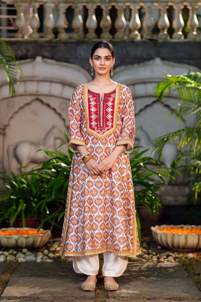 A-Line Off White Hand Block Chanderi Kurta