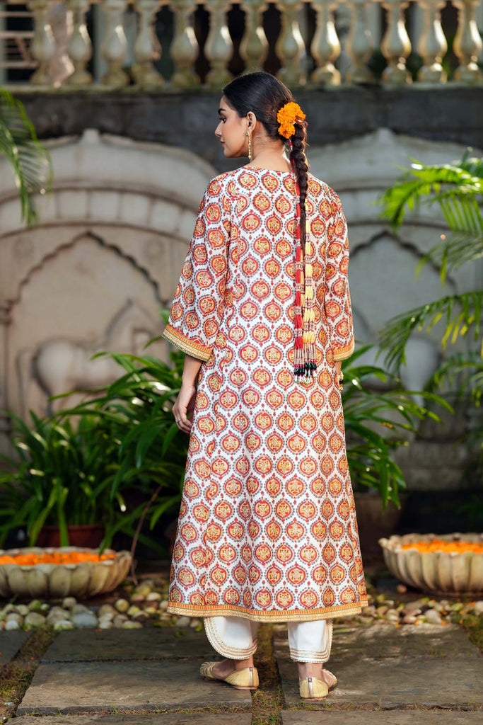 A-Line Off White Hand Block Chanderi Kurta
