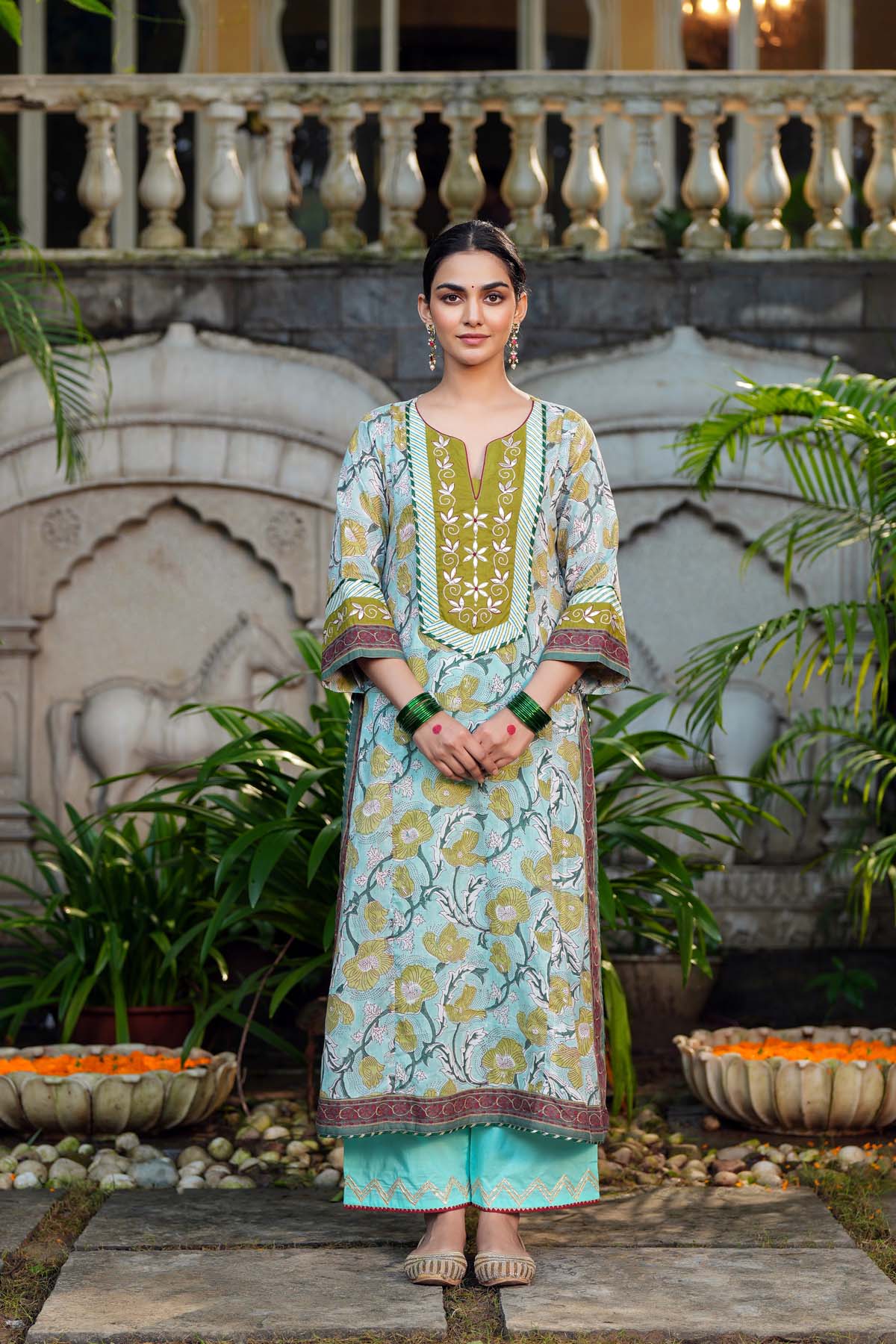 Aqua Blue Straight Fit Kurta In Handblock Cotton
