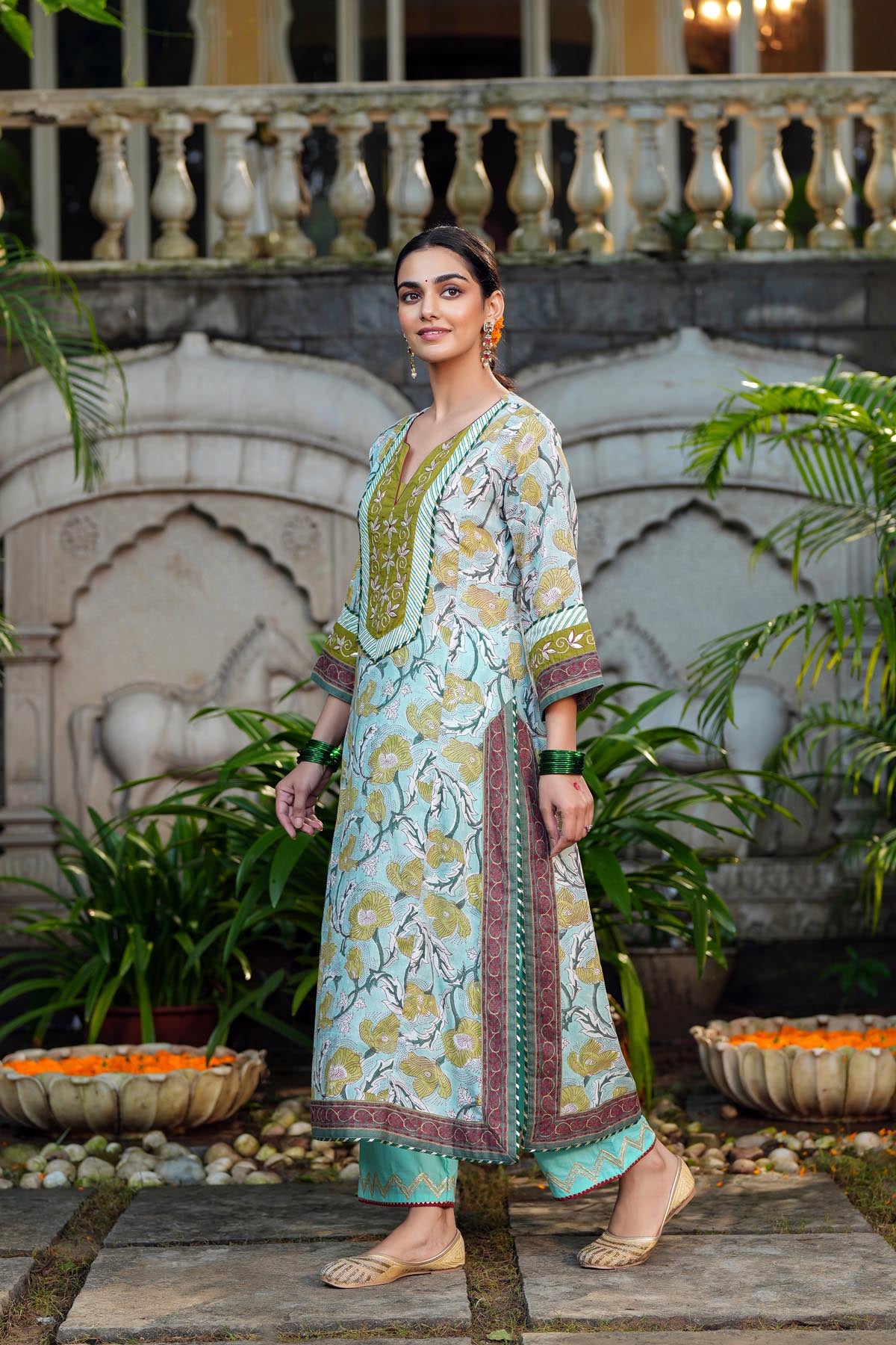 Aqua Blue Straight Fit Kurta In Handblock Cotton