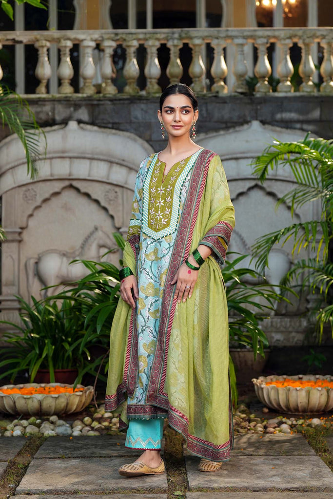 Aqua Blue Straight Fit Kurta In Handblock Cotton