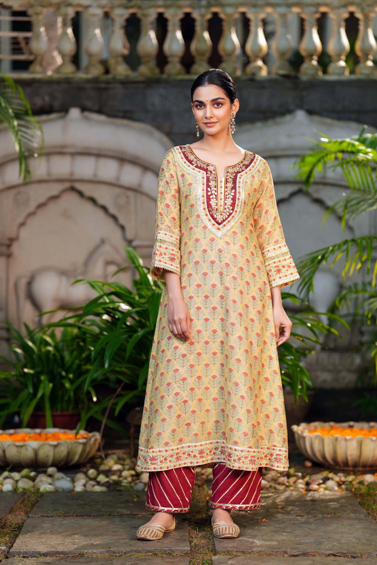A-Line Light Yellow Hand Block Chanderi Kurta