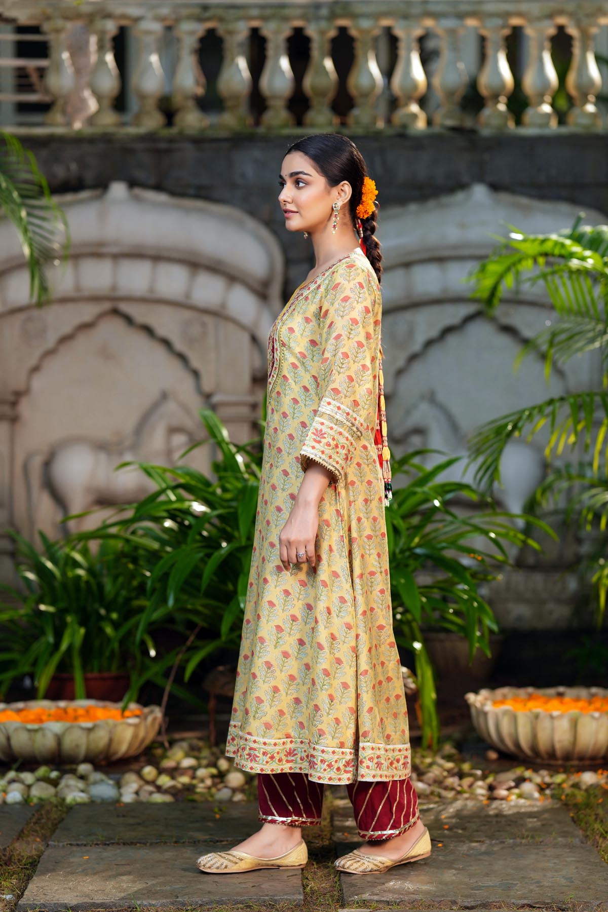 A-Line Light Yellow Hand Block Chanderi Kurta