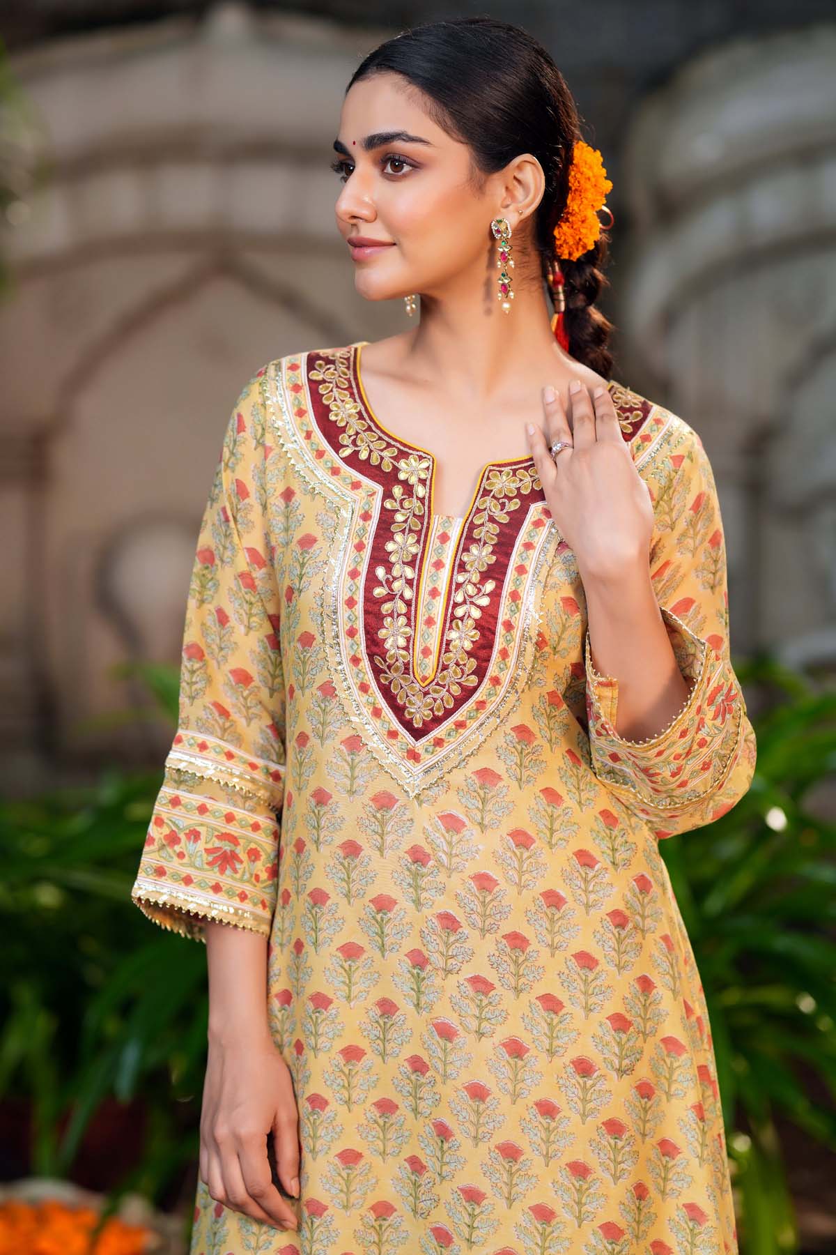 A-Line Light Yellow Hand Block Chanderi Kurta